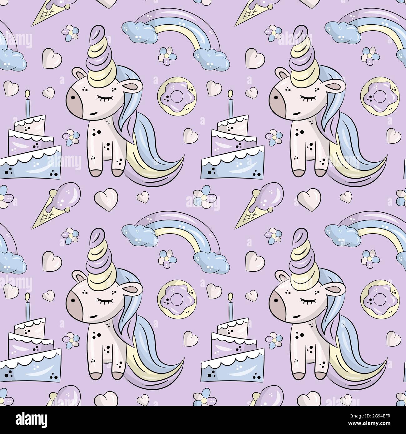 Vector pattern with cute unicorns, clouds,rainbow and stars. Magic background with little unicorns Stock Vector
