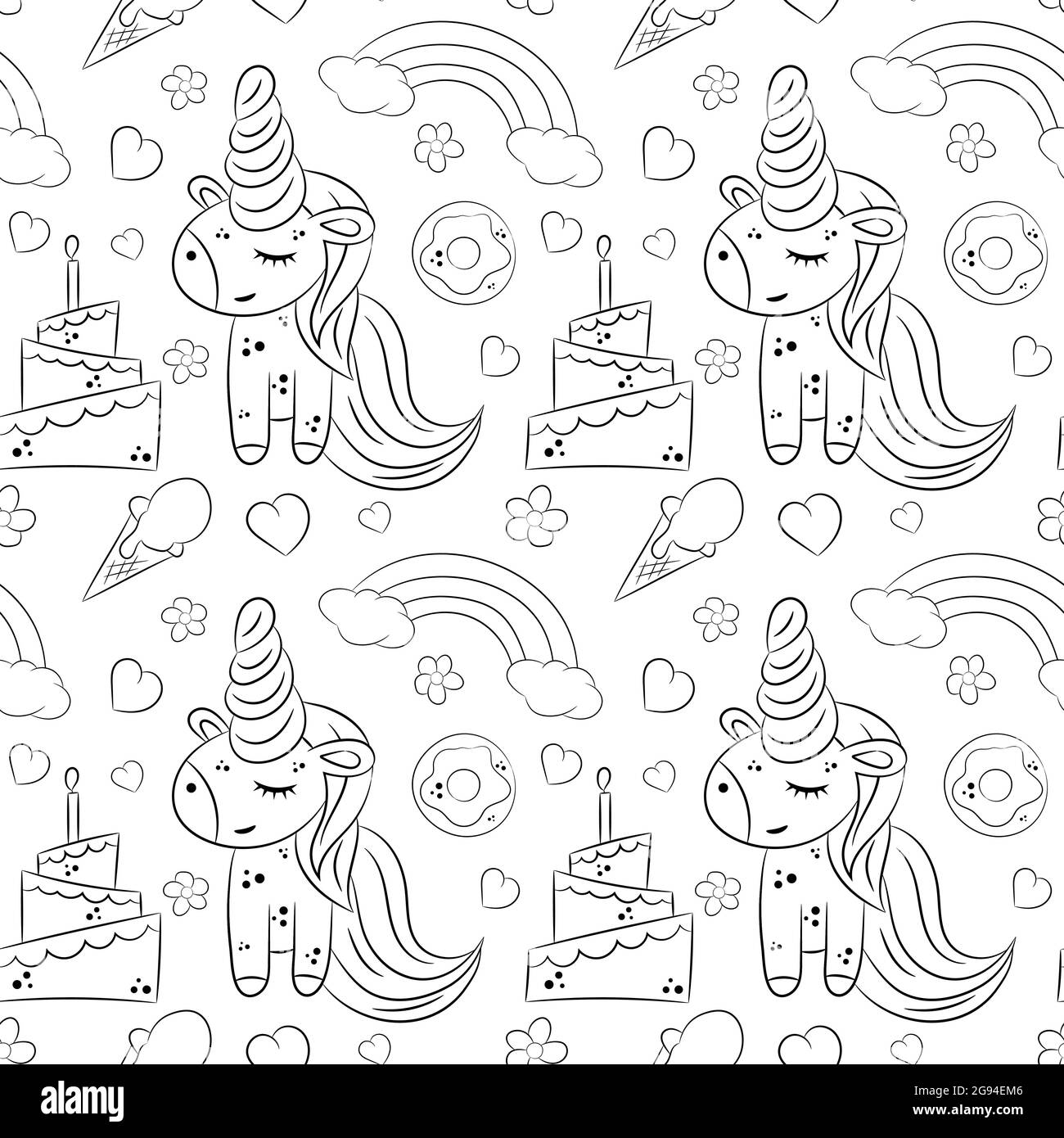 Vector pattern with cute unicorns, clouds,rainbow and stars. Magic background with little unicorns Stock Vector
