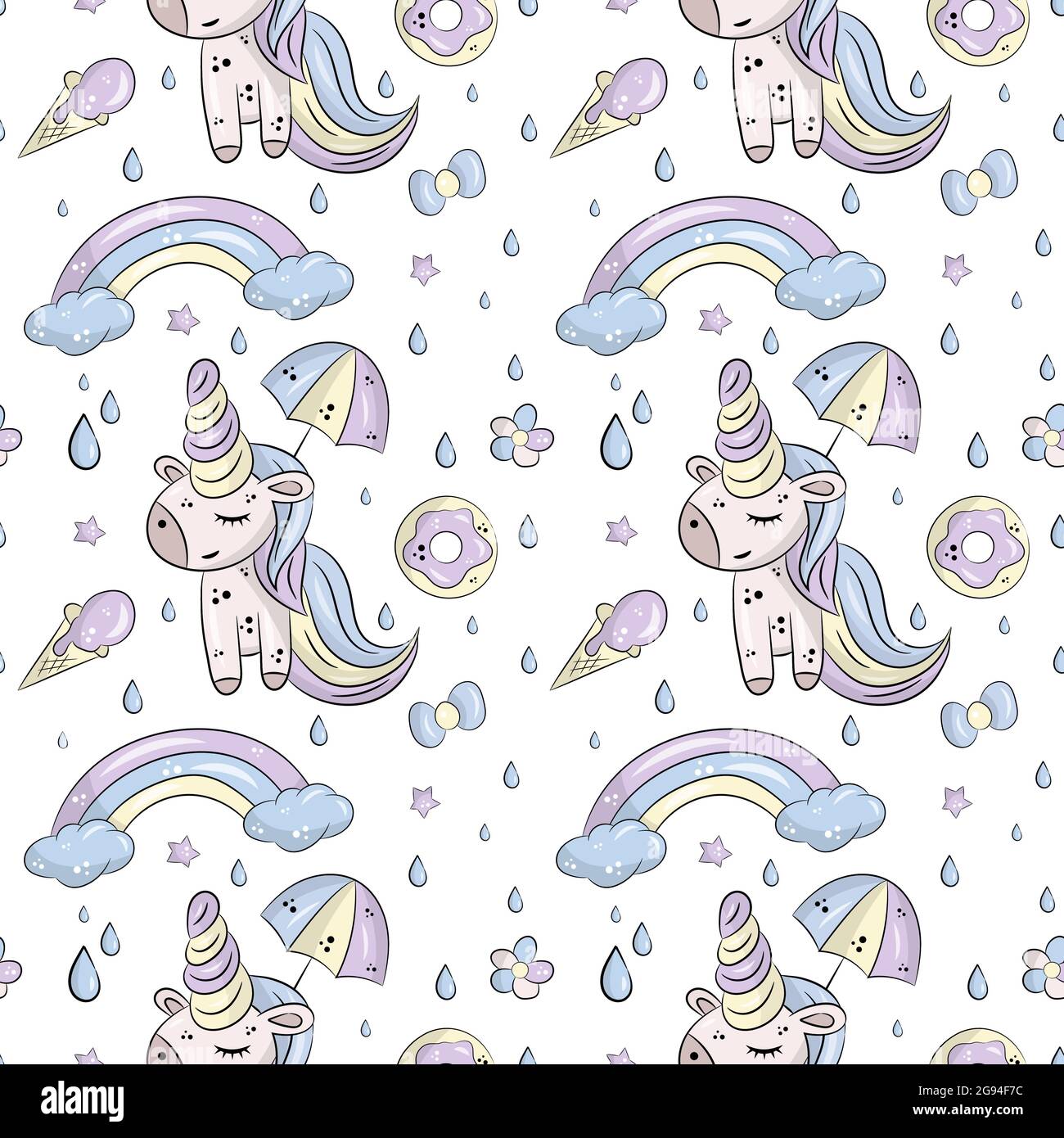 Vector pattern with cute unicorns, clouds,rainbow and stars. Magic background with little unicorns Stock Vector