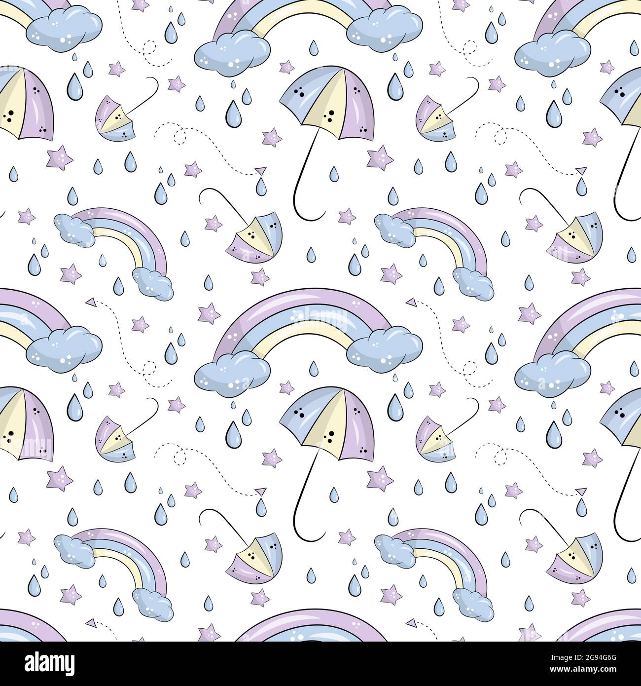 Vector pattern with cute umbrella, clouds,rainbow and stars. Magic ...