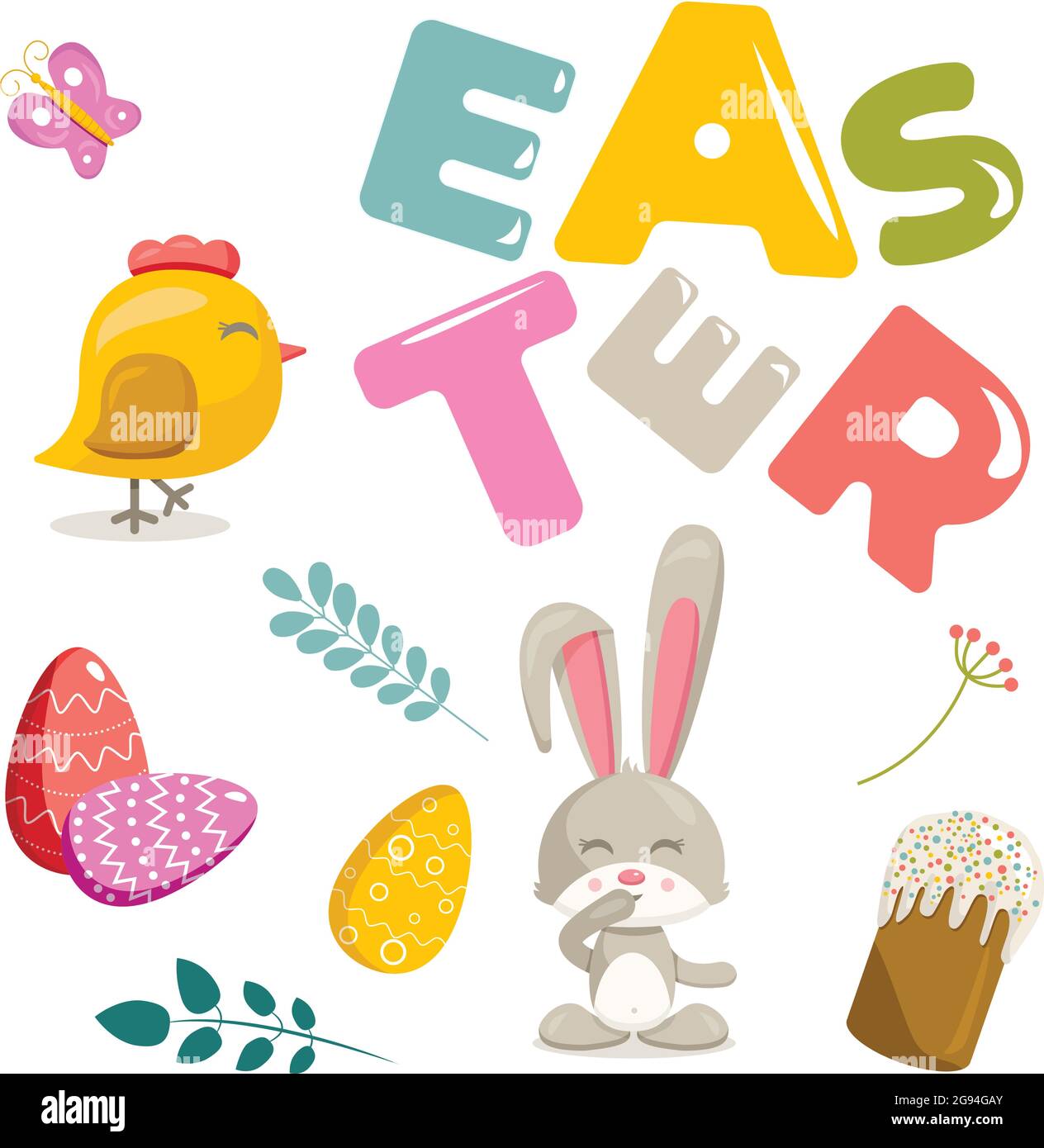 Vector set of elements on Easter theme. Animals and flora, letters on a white background. Stock Vector