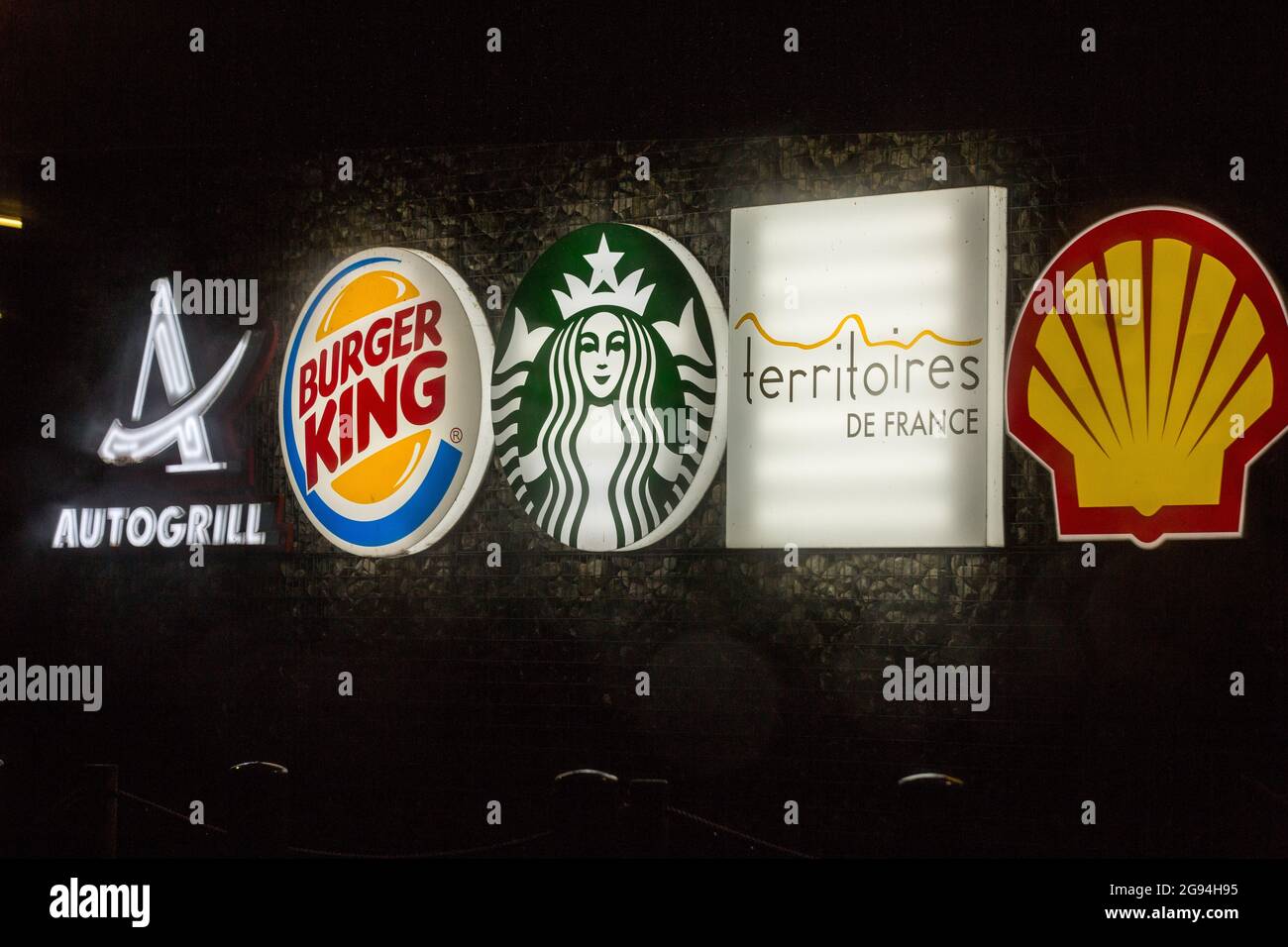 Autogrill, Burger King, Starbucks, Territoires de France and Shell logos seen in Fresnayl