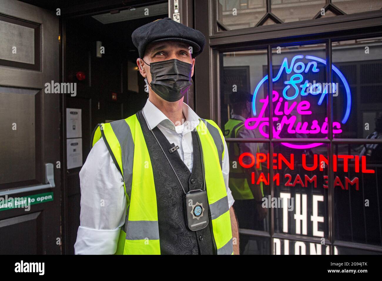 Michael security guard at 'The Piano Works 'a non-stop live music venue in London's West End ,United Kingdom. Stock Photo