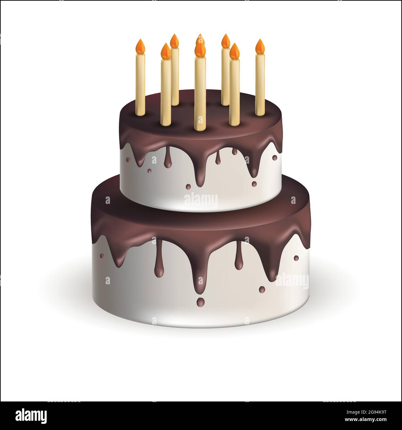 Vector realistic cake with candles and chocolate. Isolated object on white background. Stock Vector