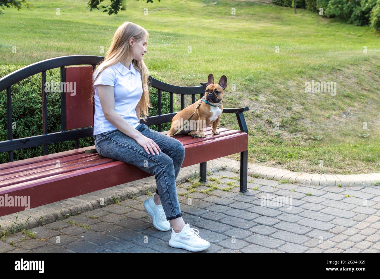Young woman resting on a bench in the park with her dog in summer Stock ...