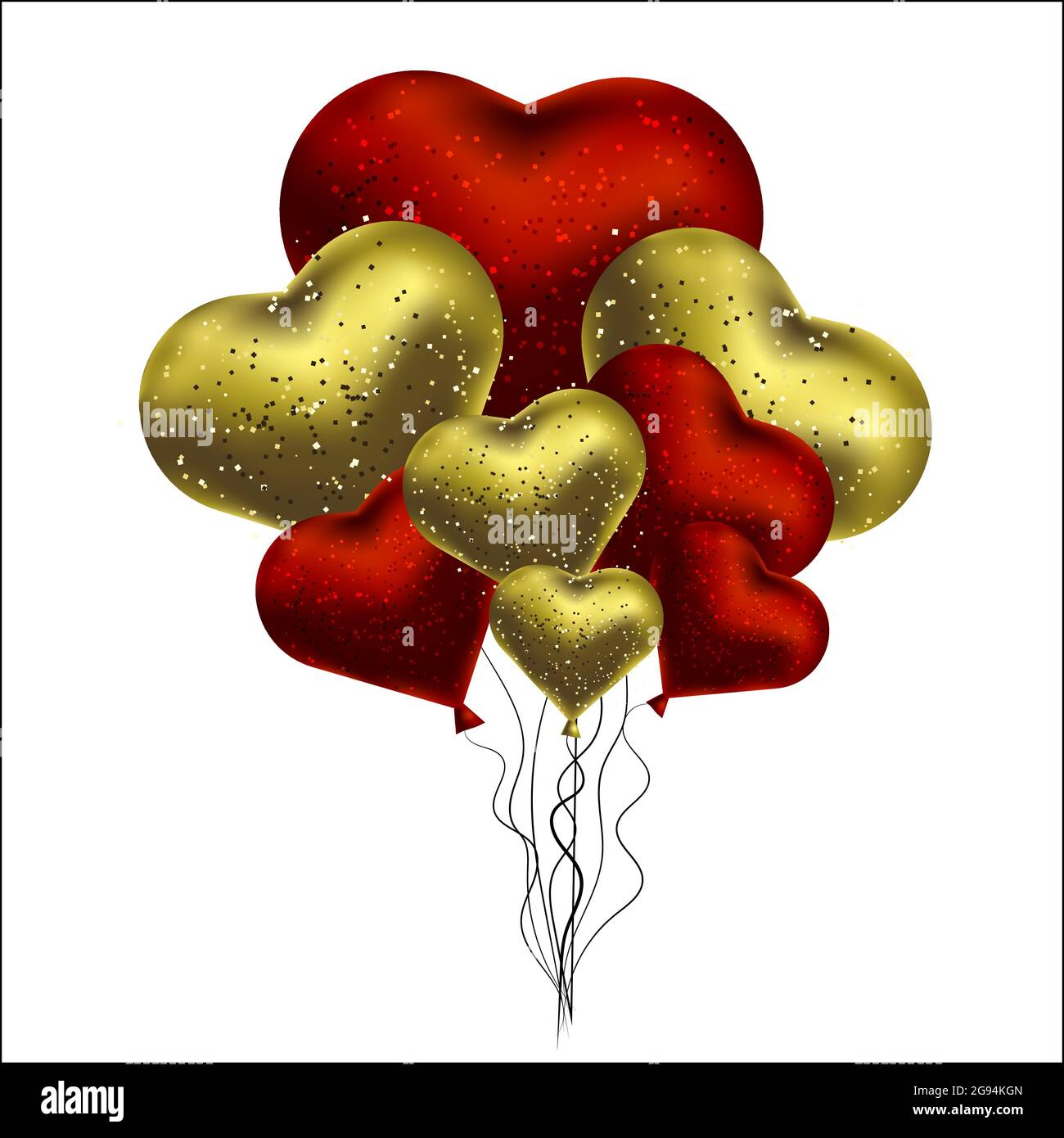 Vector illustration with gold and red balloons in the shape of heart ...