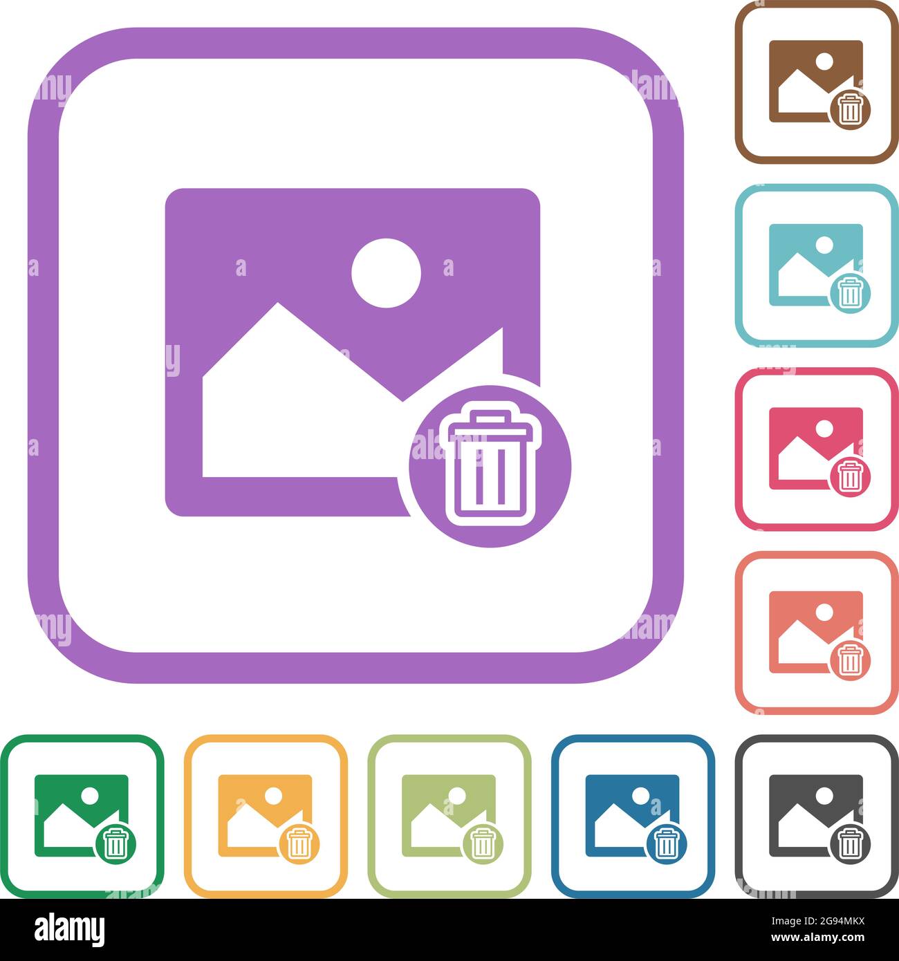 Delete image simple icons in color rounded square frames on white background Stock Vector