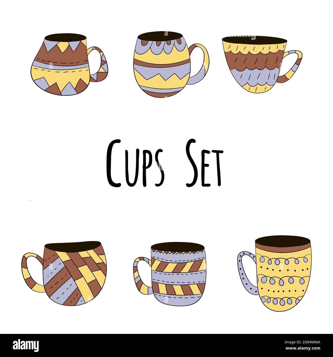 Vector set of cups of tea, coffee, milk to draw hands in Scandinavian