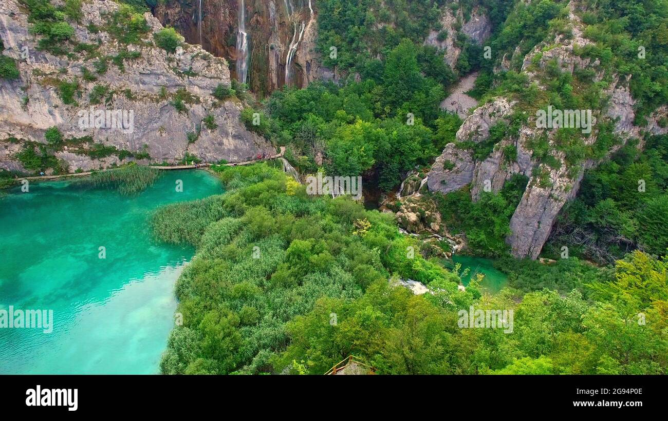 Aerial view of Plitvice Lakes National Park, Croatia. Natural waterfalls. Stock Photo