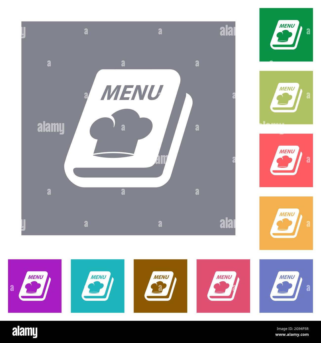 Menu with chef hat flat icons on simple color square backgrounds Stock ...