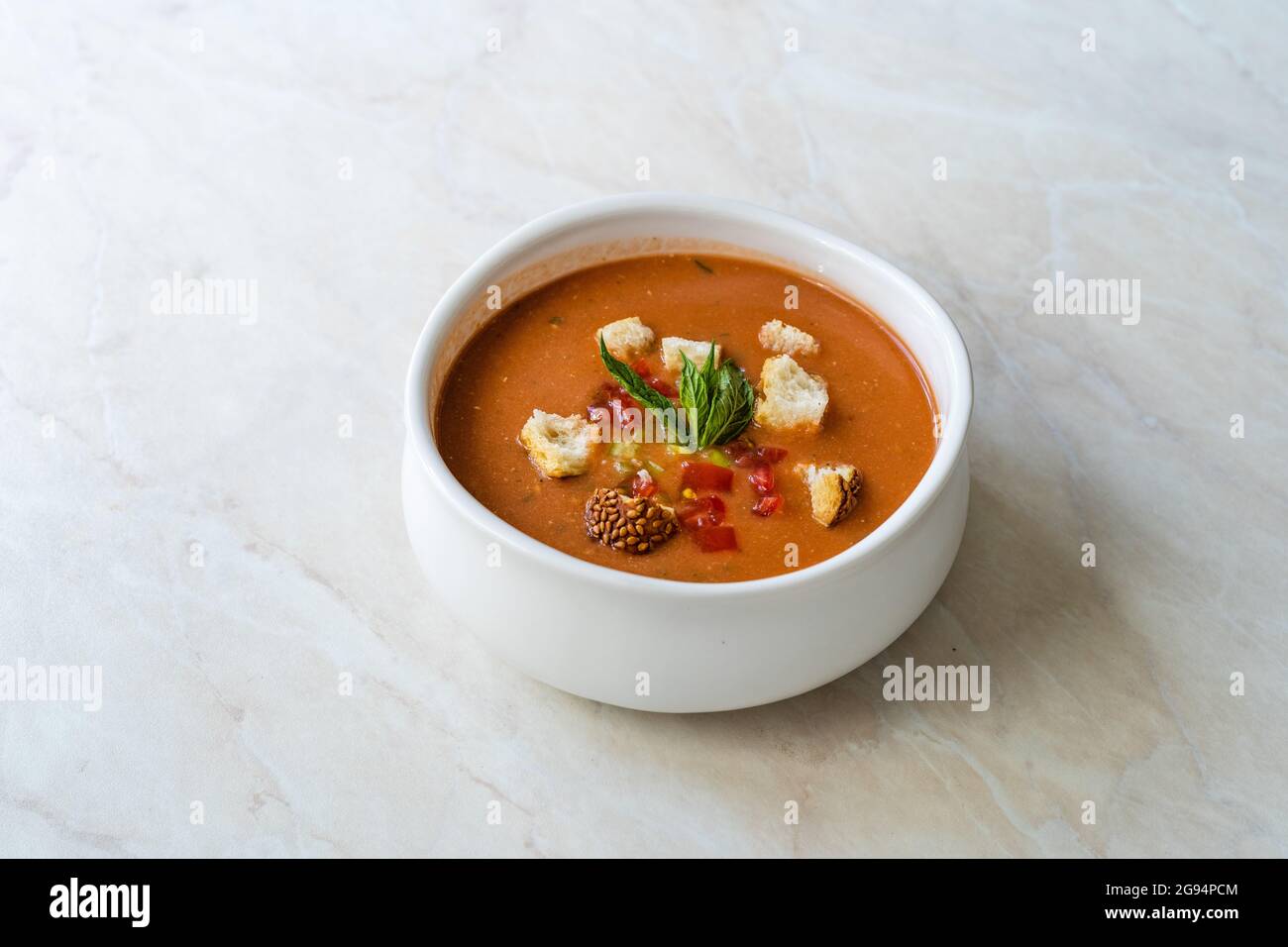 Gazpacho Cold Soup. Spanish Puree with Crouton Bread Gaspacho