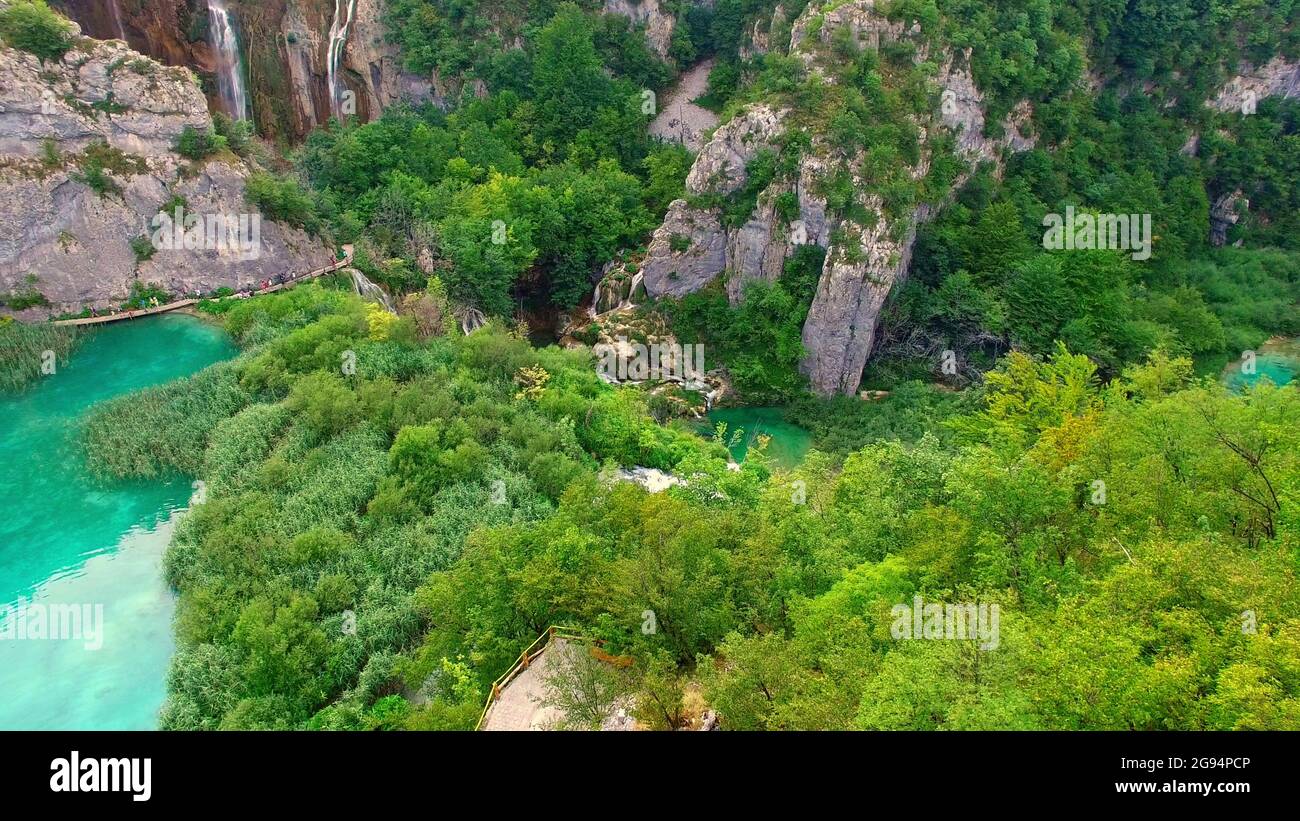 Top view of National Park Plitvice Lakes in Croatia. Green background. Stock Photo