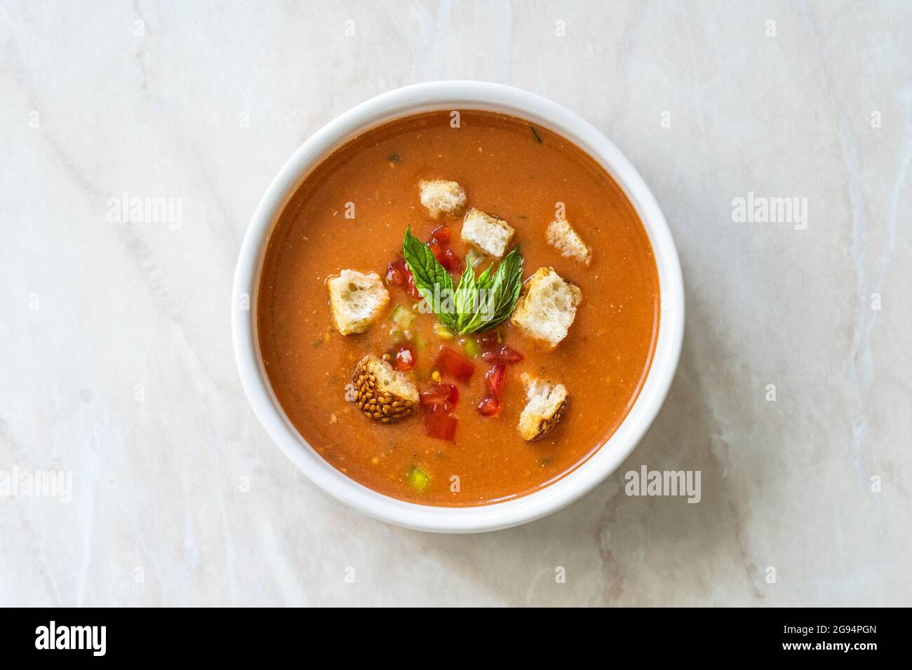 Gazpacho Cold Soup. Spanish Puree with Crouton Bread Gaspacho