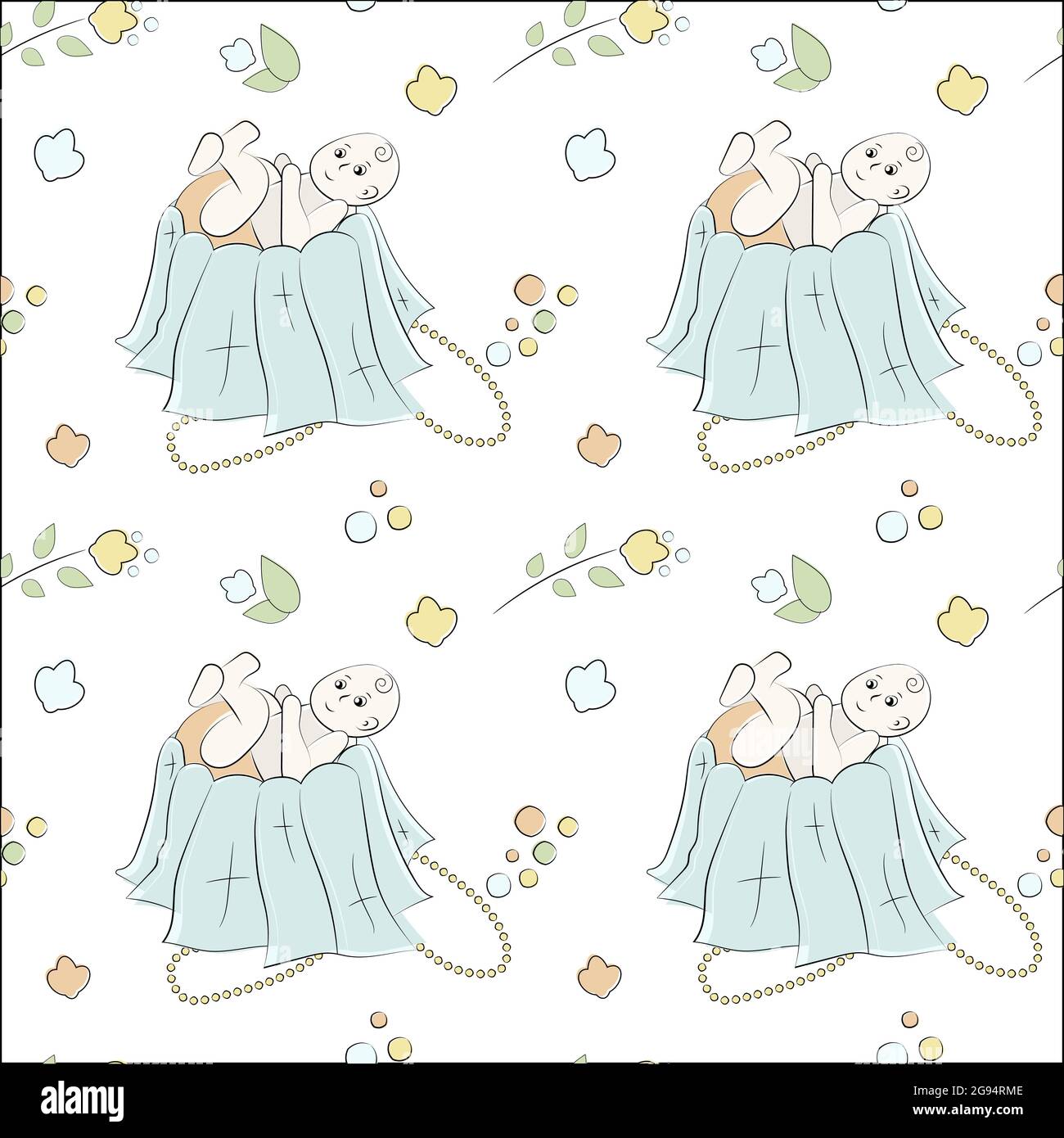 Vector seamless pattern of hand-drawn doodle elements. Baby, flowers, decorations, leaves. Used for backgrounds, cards, wallpapers, wrapping paper Stock Vector