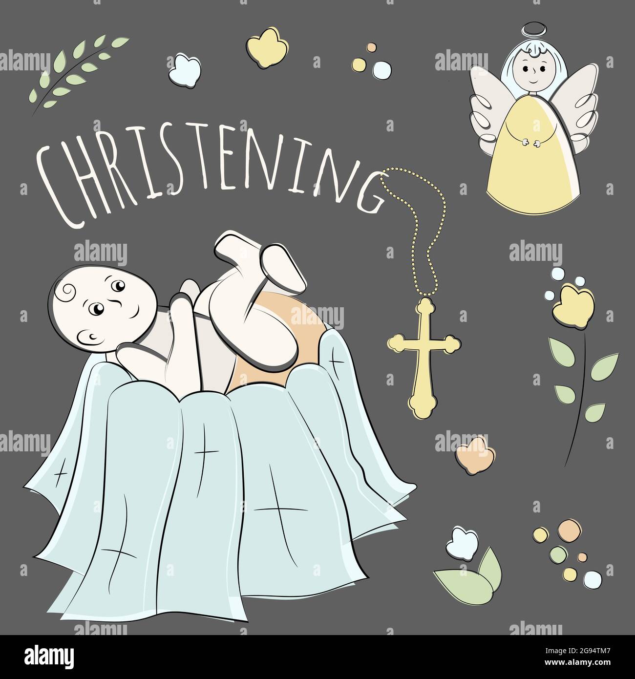 Baptism of the child in the church, christening. Vector set of isolated
