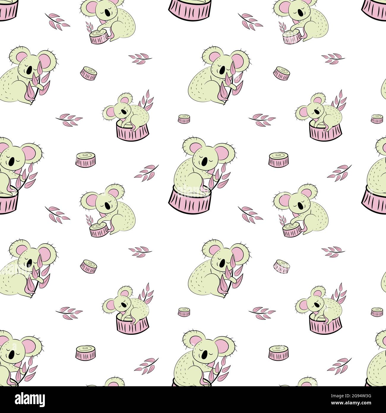 Cute bear koala doodle seamless pattern. Vector background with koalas