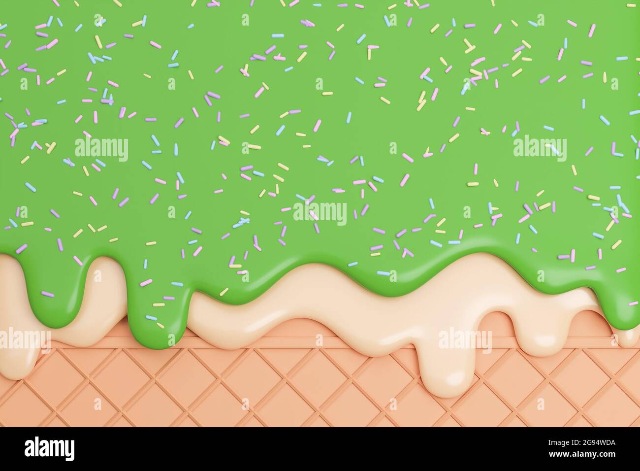 Green tea and Vanilla Ice Cream melted with Sprinkles on Wafer Background.,3d model and