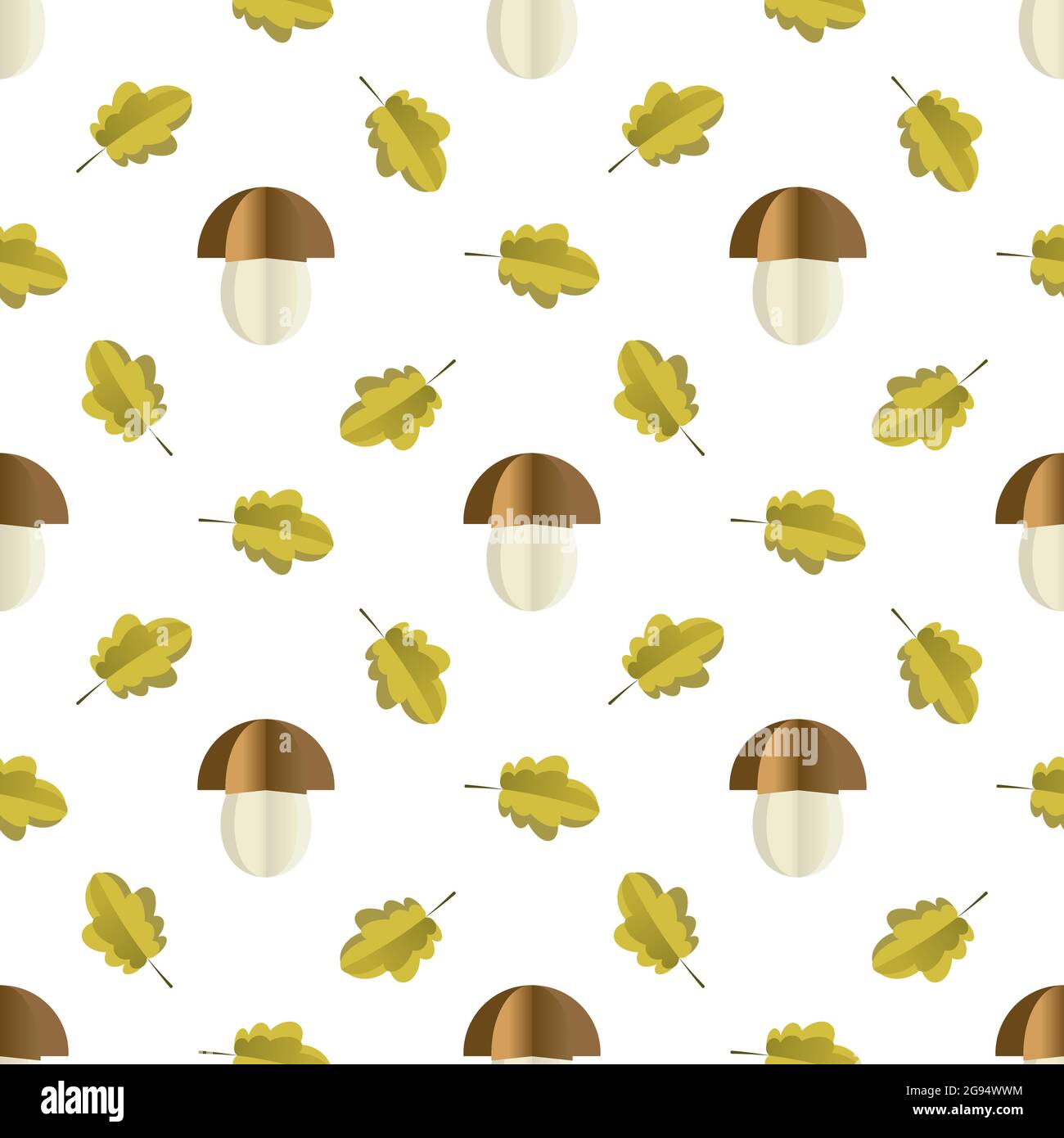 Colorful seamless pattern of mushrooms and leaves cut out of paper Stock Vector