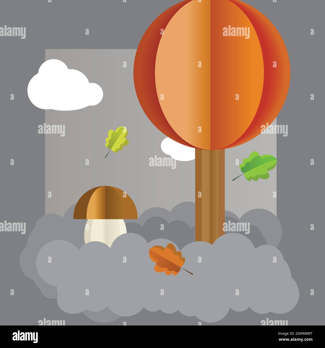 Vector autumn landscape, tree, mushroom leaves. Stock Vector