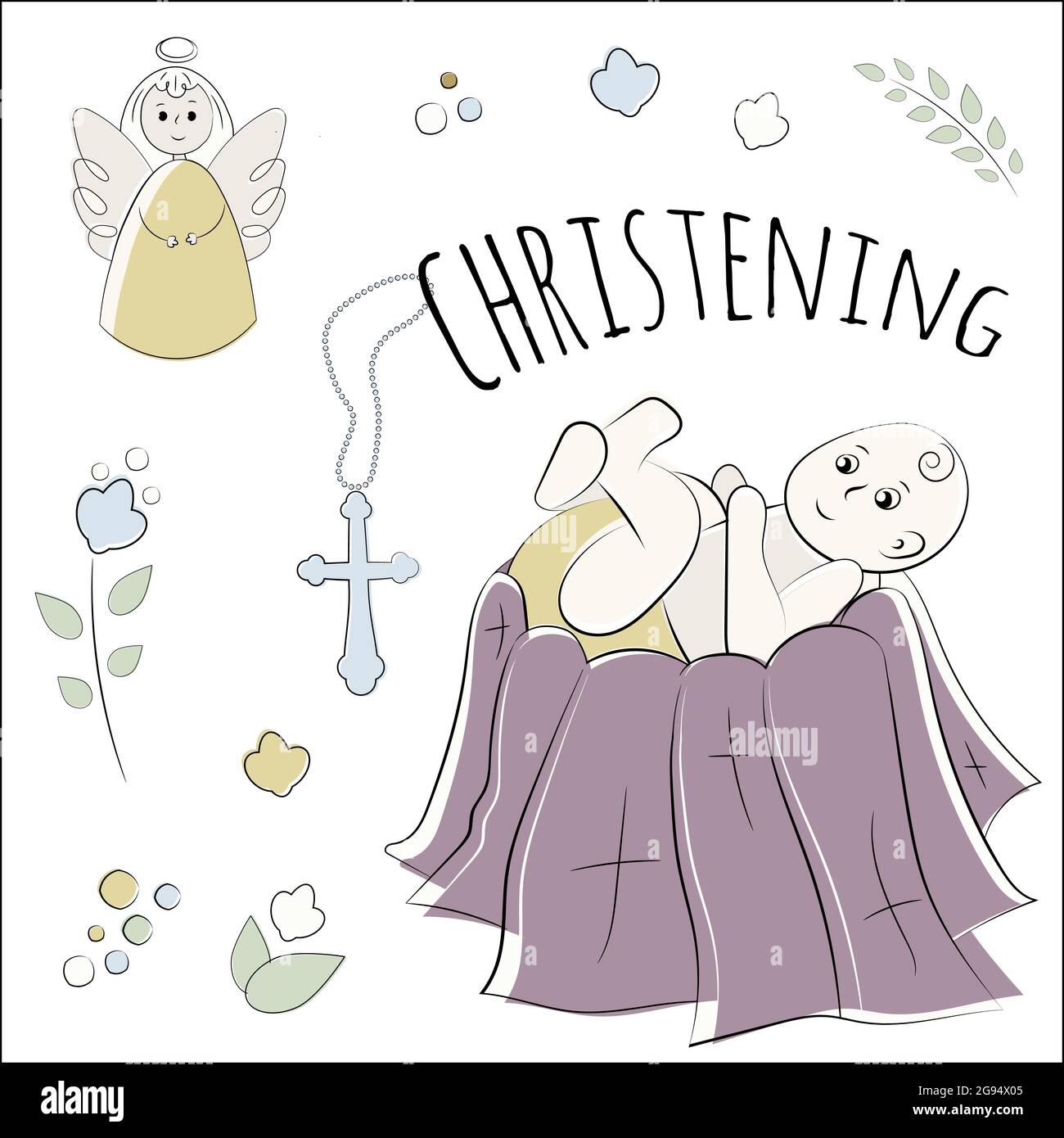 Baptism of the child in the church, christening. Vector set of isolated elements, drawn by hand. Used for postcards, congratulations, wallpapers Stock Vector