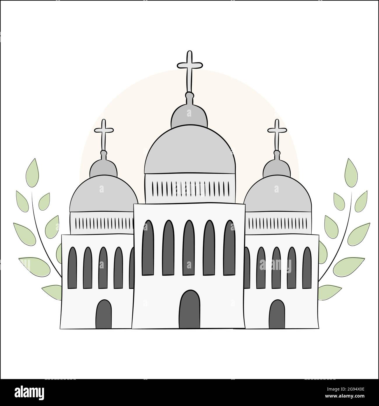 Vector church, temple, chapel with domes and crosses. Religion is Christianity, Baptism. Isolated object on white background. An illustration painted Stock Vector