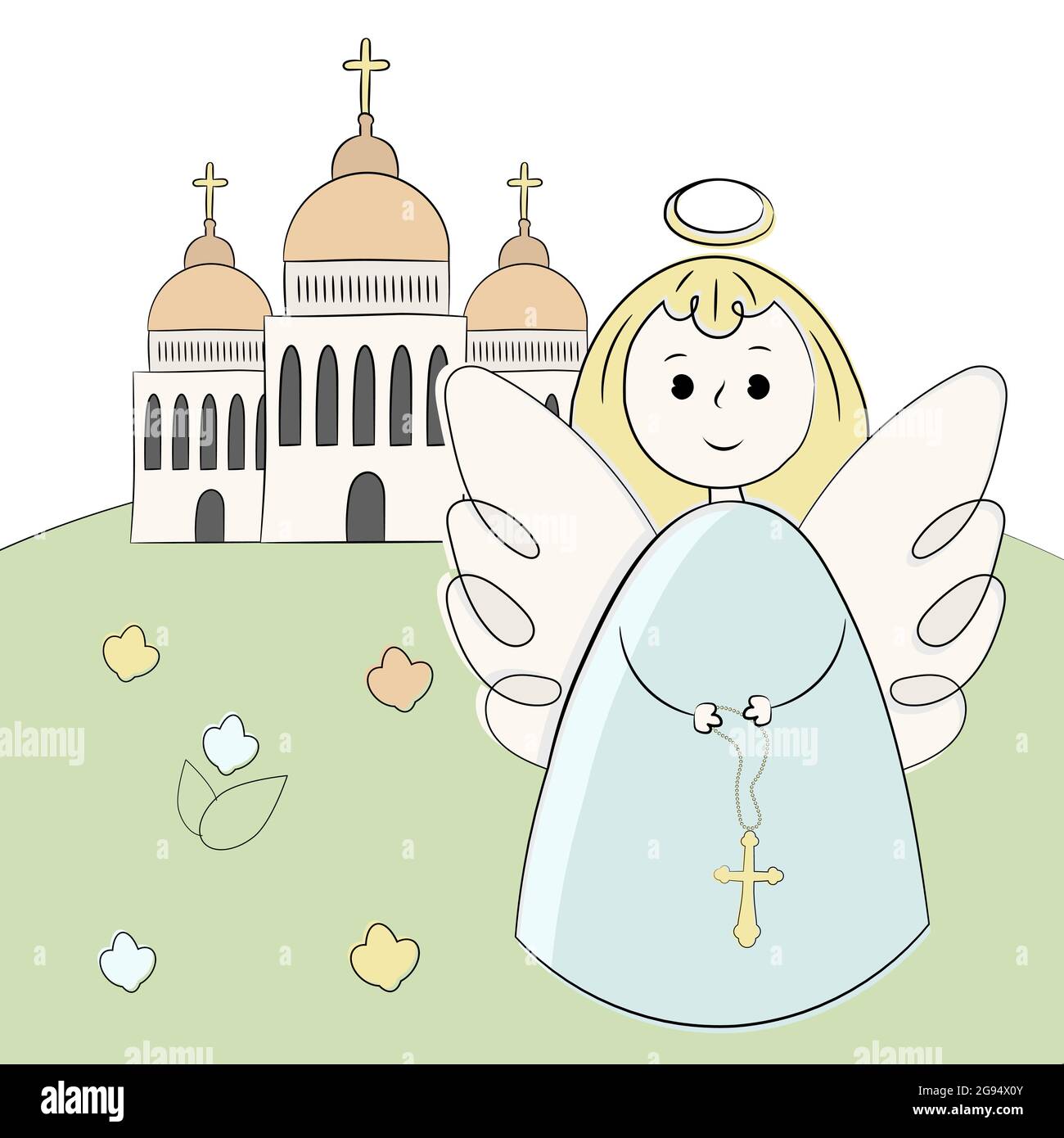 Vector church, temple, chapel with domes and crosses. Religion is Christianity Baptism. . Landscape, grass, angel. Illustration hand draw. Style Stock Vector