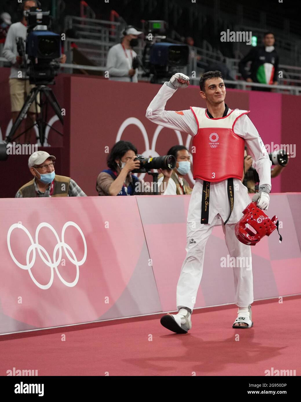 Tokyo, Japan. 24th July, 2021. Vito Dell'aquila of Italy celebrates after  the men's 58kg taekwondo final match at the Tokyo 2020 Olympic Games in  Tokyo, Japan, July 24, 2021. Credit: Wang Yuguo/Xinhua/Alamy