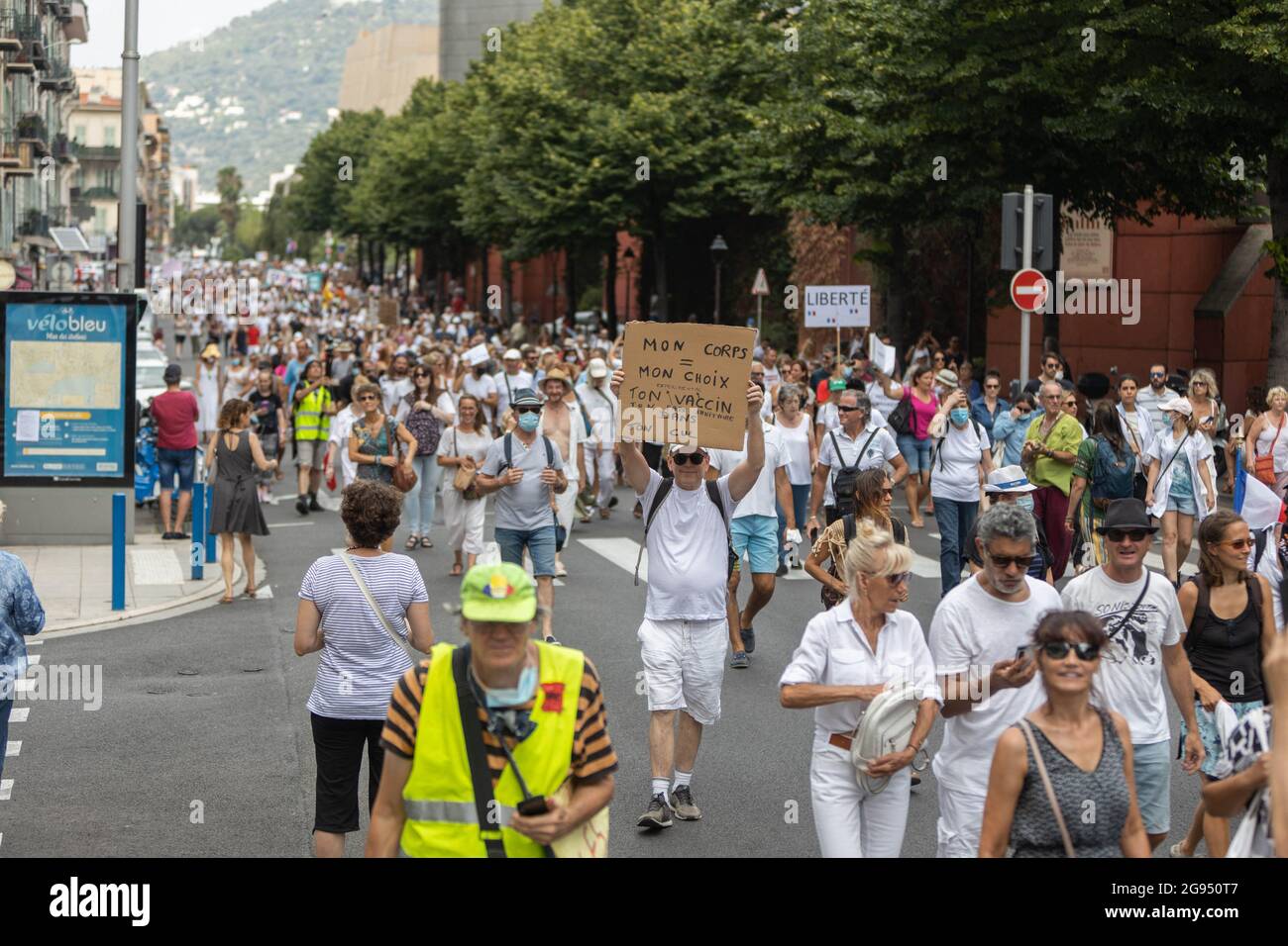 Thousands of demonstrators march through the streets of Nice to protest against the health pass, on July 24, 2021, in Nice, France. Since July 21, people wanting to go to in most public spaces in France have to show a proof of Covid-19 vaccination or a negative test, as the country braces for a feared spike in cases from the highly transmissible Covid-19 Delta variant. Photo by Lucie Choquet/ABACAPRESS.COM Stock Photo