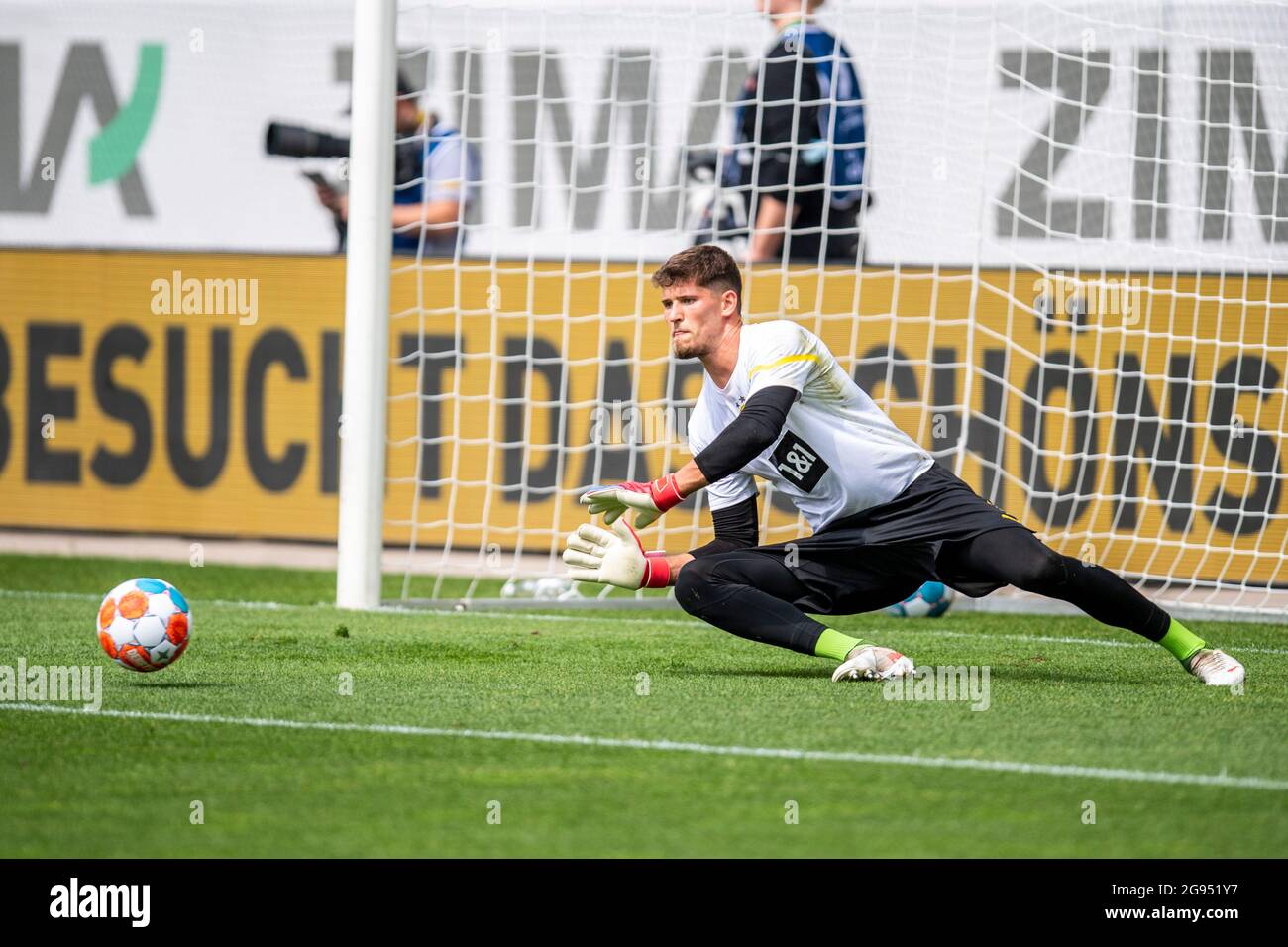 St. Gallen, Switzerland. 24th July, 2021. Football: Test matches, Borussia Dortmund - Athletic Bilbao at Kybunpark. Dortmund goalkeeper Gregor Kobel warming up. Credit: David Inderlied/dpa - IMPORTANT NOTE: In accordance with the regulations of the DFL Deutsche Fußball Liga and/or the DFB Deutscher Fußball-Bund, it is prohibited to use or have used photographs taken in the stadium and/or of the match in the form of sequence pictures and/or video-like photo series./dpa/Alamy Live News Stock Photo