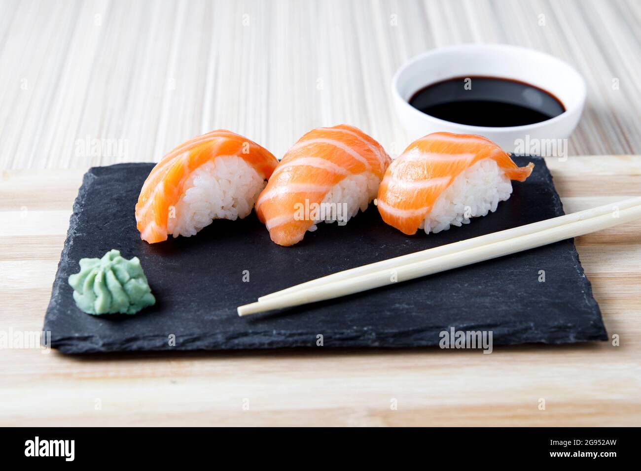variety of sushi with wasabi and say souce Stock Photo