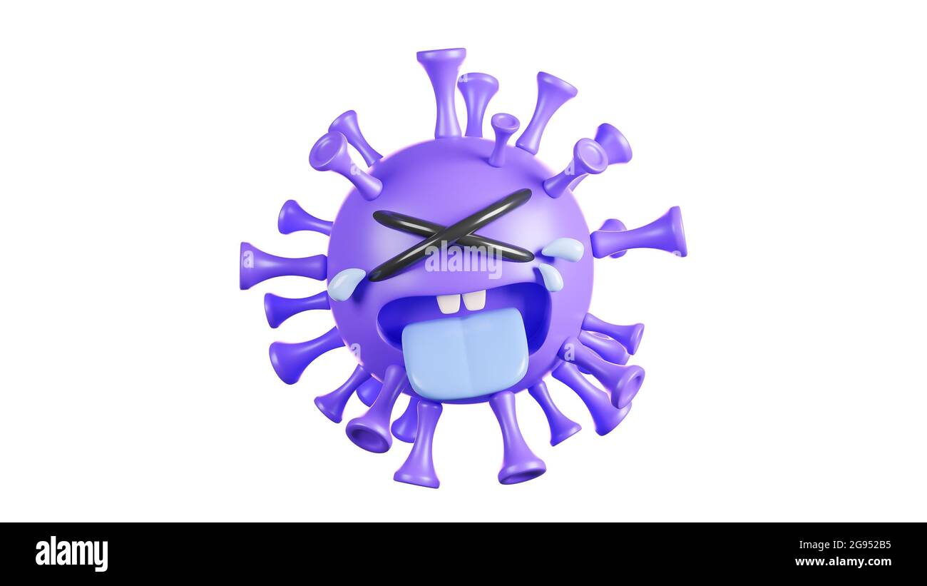 Cute purple colona virus character crying on white background.,vaccine covid-19.,3d model and illustration. Stock Photo