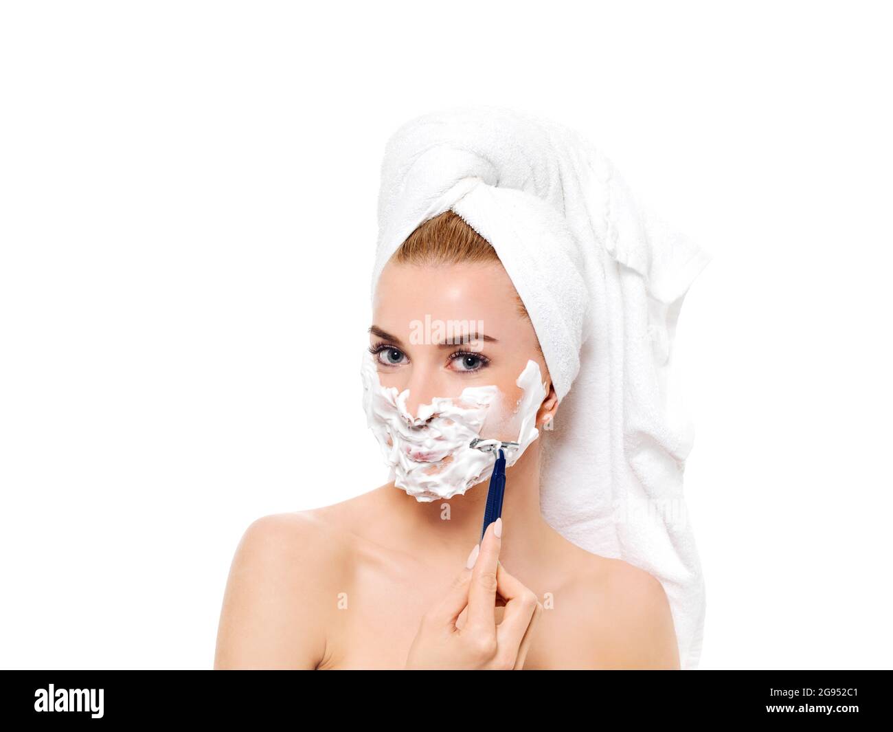 Young woman have morning shave. Stock Photo