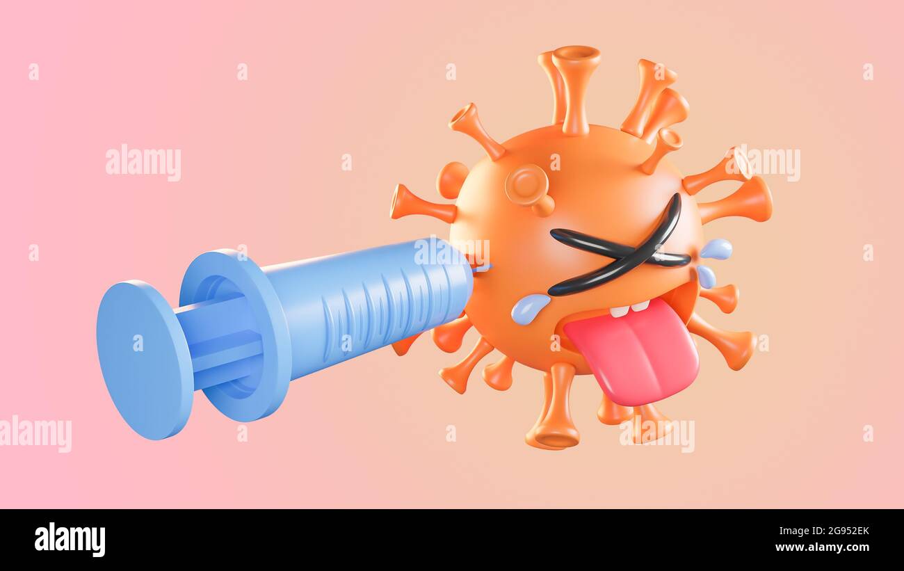 Crying cute orange colona virus character being injected with syringe on pastel background.,vaccine covid-19.,3d model and illustration. Stock Photo
