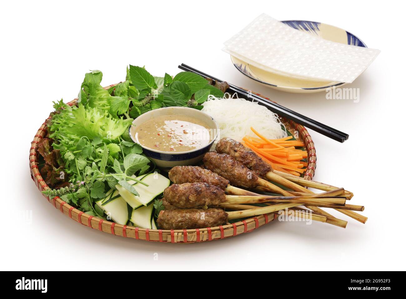 nem lui fue, grilled minced pork sausages on lemongrass skewers, vietnamese cuisine Stock Photo