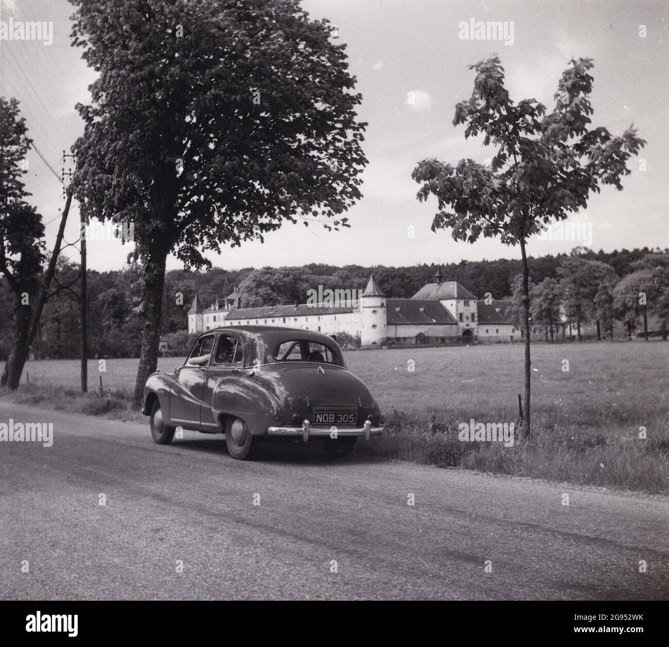 Vintage black and white photo of a Austin A40 Somerset car 1950s. Stock Photo