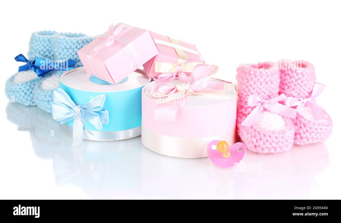 baby boots pacifier gifts and blank postcard isolated on white Stock Photo Alamy