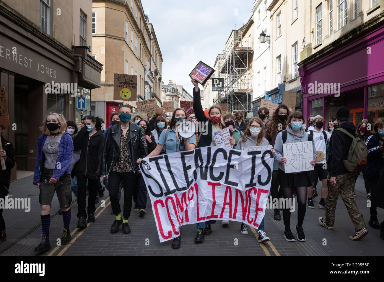 Bath, UK. 27th March 2021. Approximately 200 mostly young protesters took to the streets of historic Bath in North Somerset to demonstrate against the Stock Photo