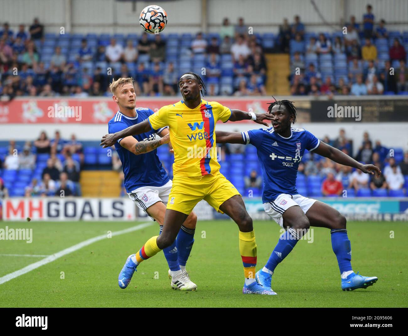 Crystal Palace's Jean-Philippe Mateta holds off the challenge from Ipswich Town's Luke Woolfenden (left) and Toto Nsiala during the pre-season friendly match at Portman Road, Ipswich. Picture date: Saturday July 24, 2021. Stock Photo