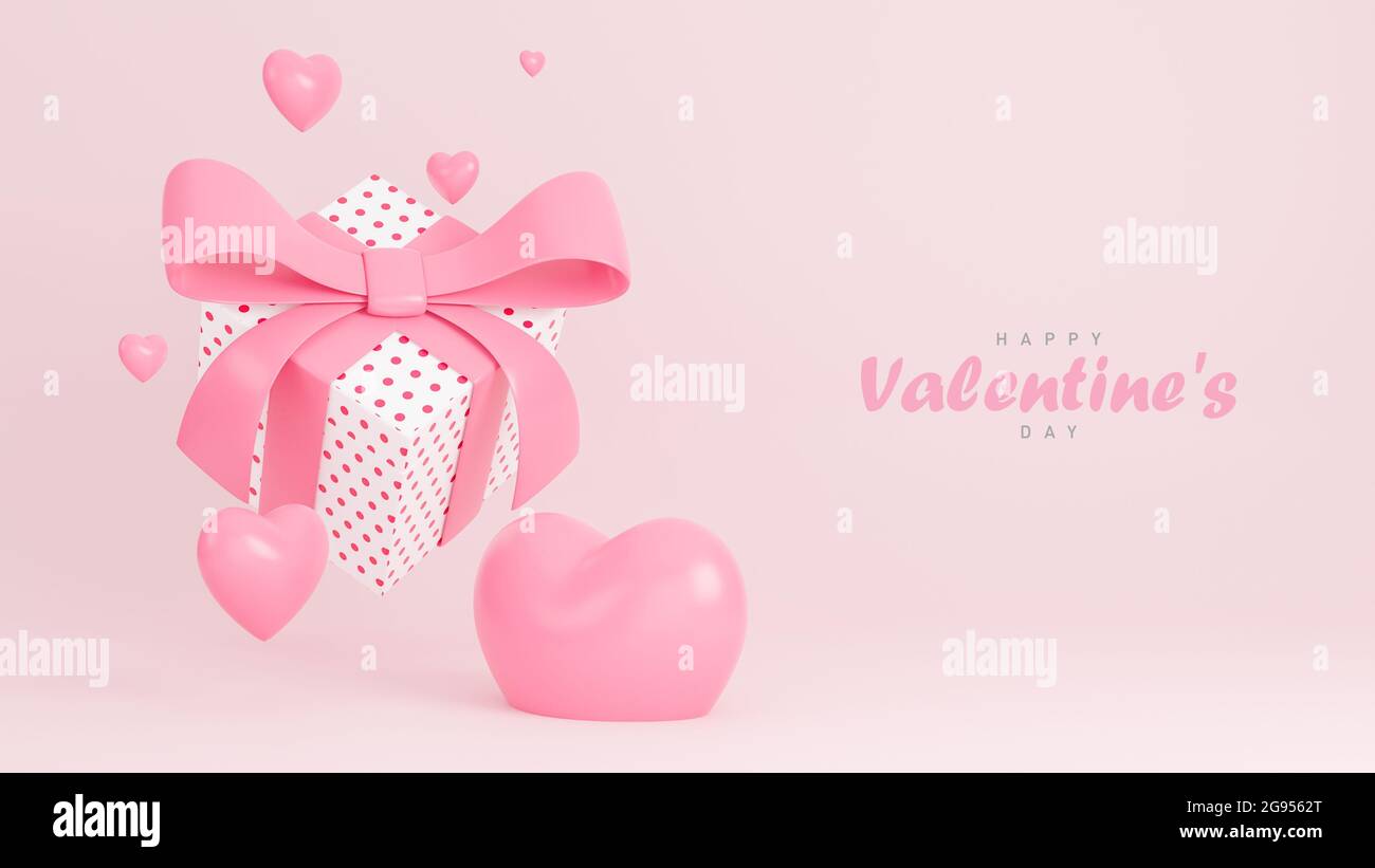 Happy valentine day banner with gift box and hearts 3d objects on pink ...