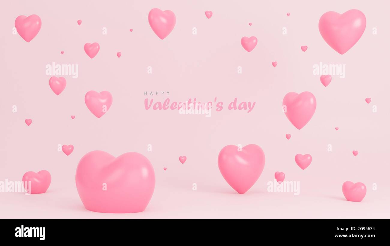 Happy valentine day banner with many hearts 3d objects on pink ...
