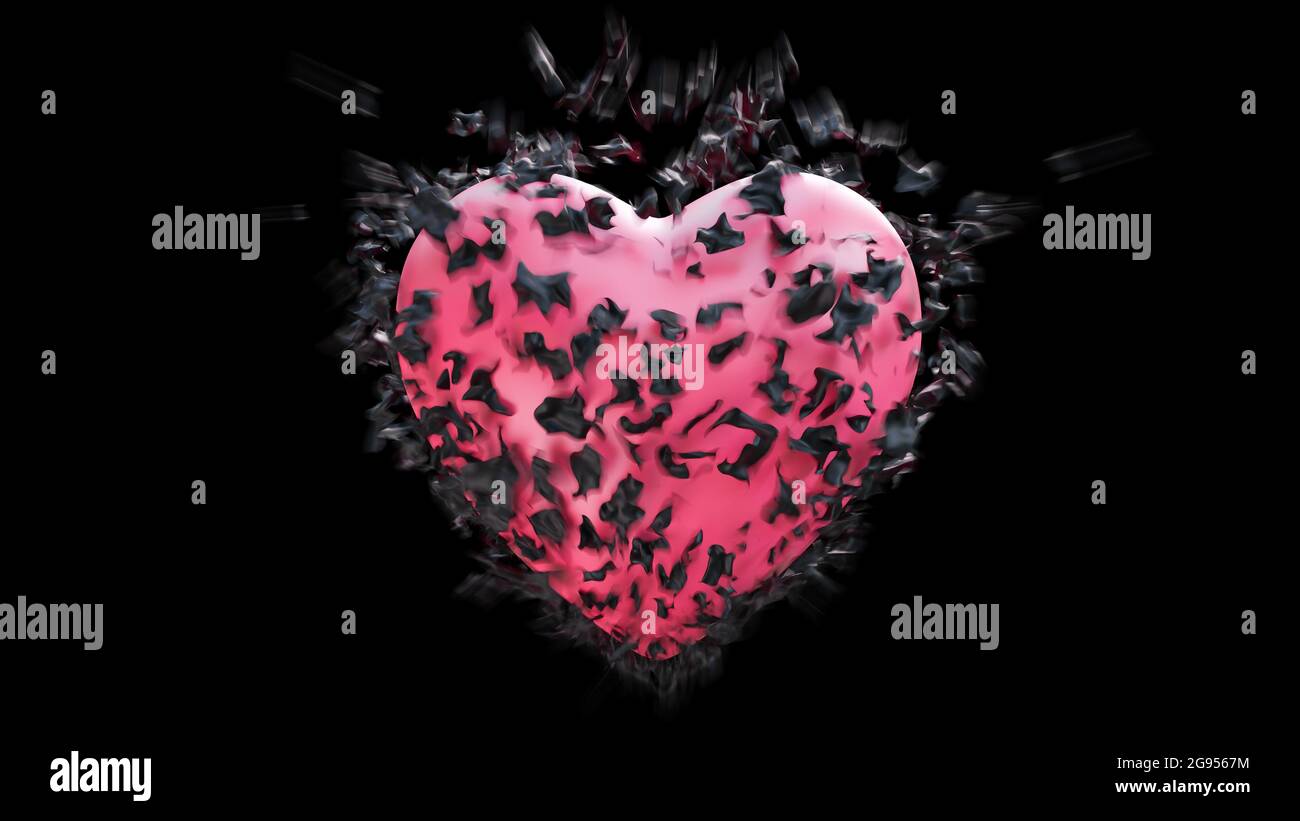 Black heart disintegration peel inside pink heart on black background. ,3d model and illustration. Stock Photo