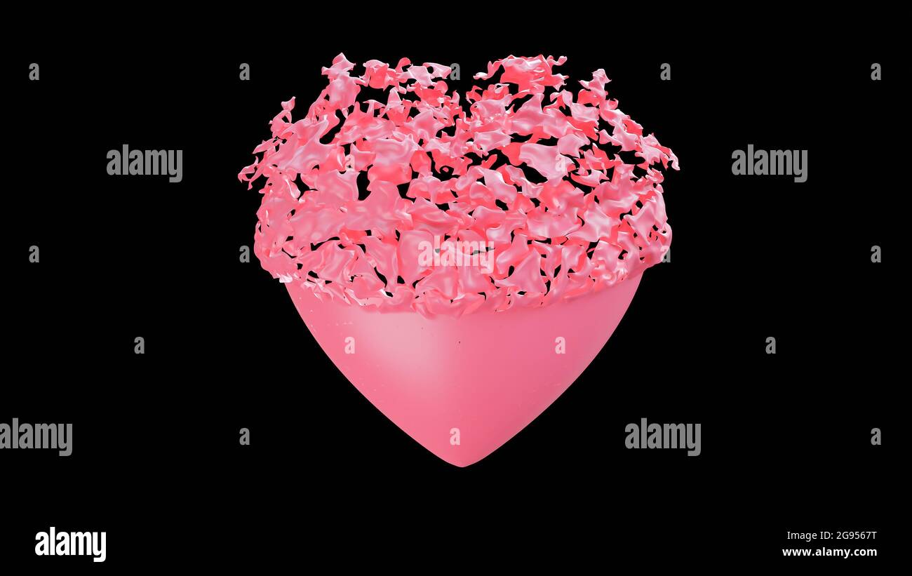 Pink heart disintegration peel on black background. ,3d model and illustration. Stock Photo