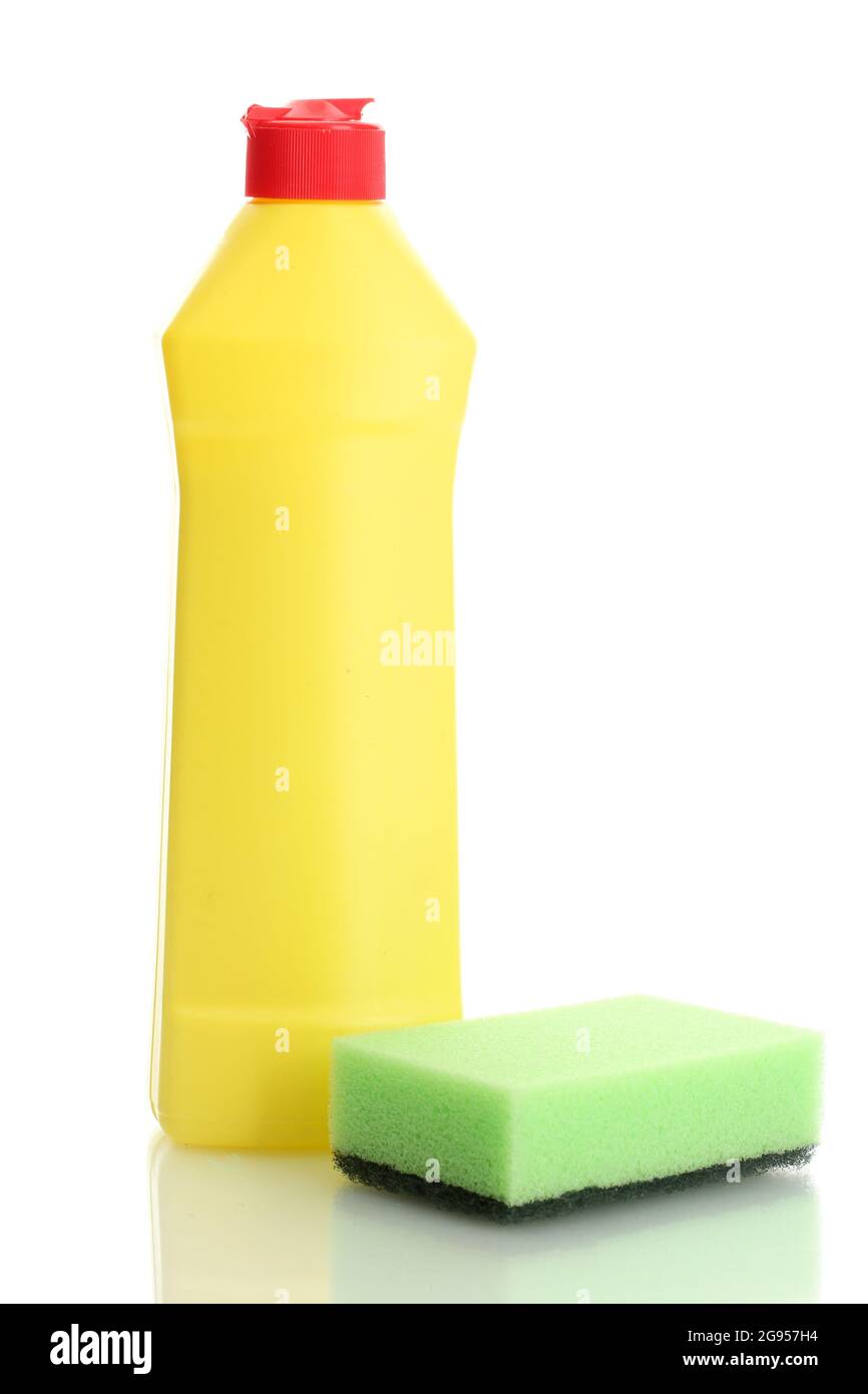 Dishwashing liquid and sponge isolated on white Stock Photo - Alamy