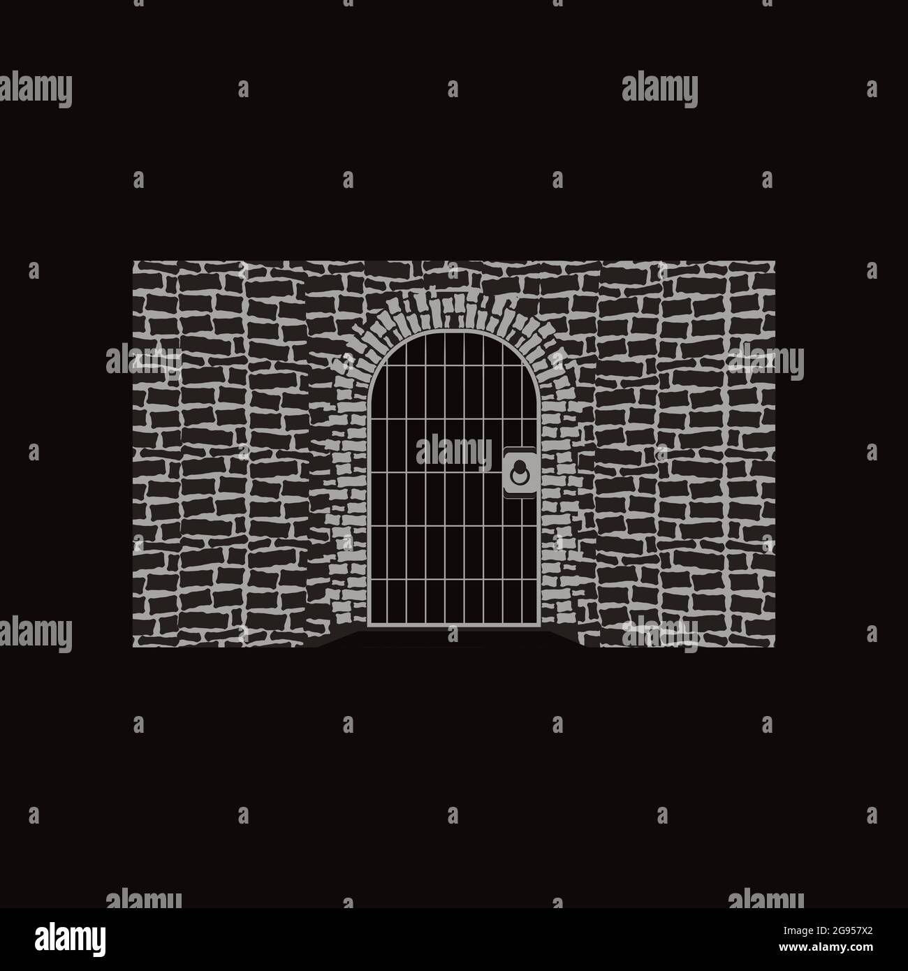 Vector Retro Gate of Wood and Stone with Ring Handle on Black ...