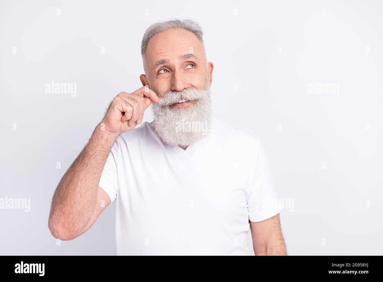 Portrait of positive grey hair old man look empty space touch beard ...