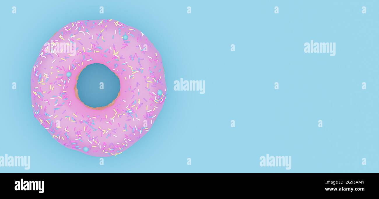 Flat lay tasty pink glazed donut with colorful sprinkles on blue pastel ...