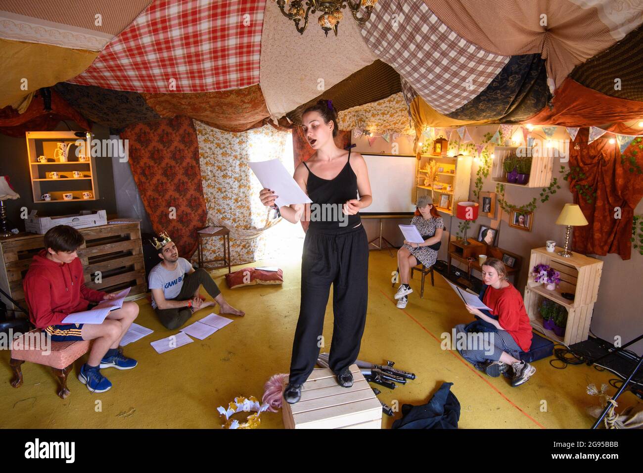 Southwold, UK. 24 July 2021. Members of Dash Arts perform ‘Speeches of Europe’, on the second day of the Latitude festival in Henham Park, Southwold, Suffolk. Picture date: Saturday July 24, 2021. Photo credit should read: Matt Crossick/Empics/Alamy Live News Stock Photo