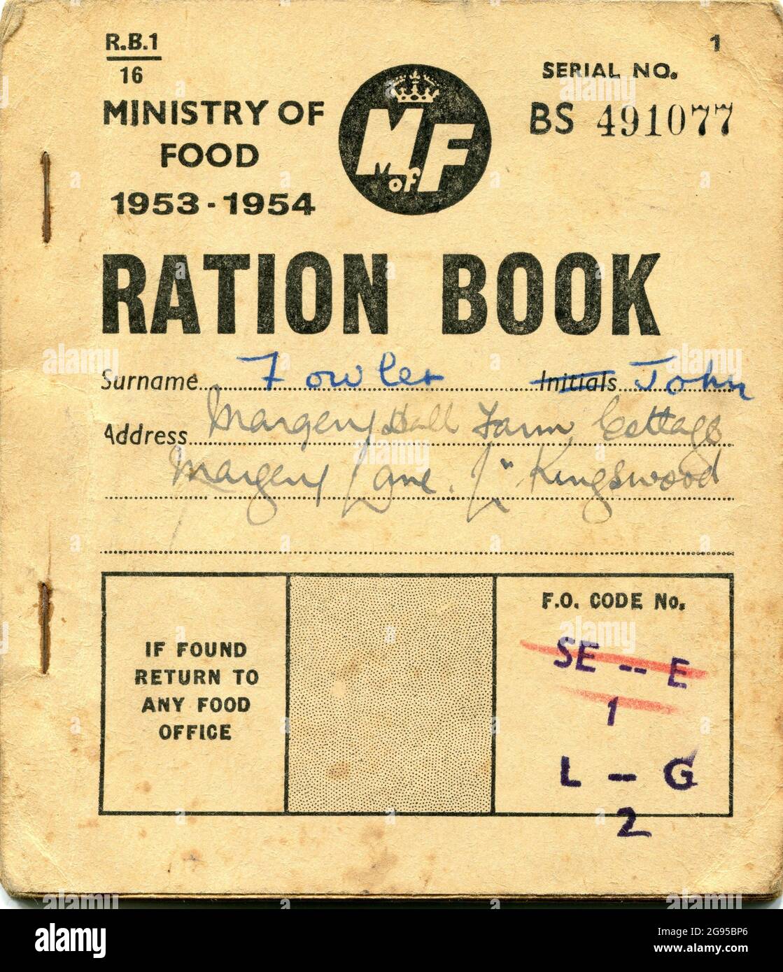 A British food ration coupon book. Introduced in 1940 during the Second World War, rationing ended in 1954. Stock Photo