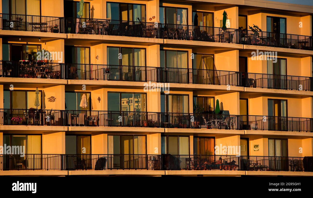 NORWALK, CT, USA JUNE, 24, 2021 Evening lights on apartment building