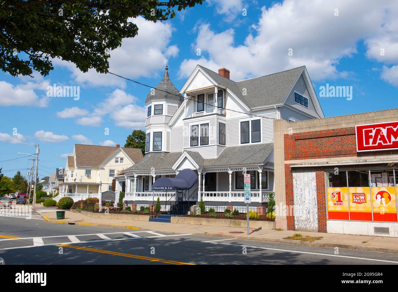 Historic Merrick R. Williams Funeral Home with Victoria style on 210 Taunton Avenue in downtown East Providence, Rhode Island RI, USA. Stock Photo